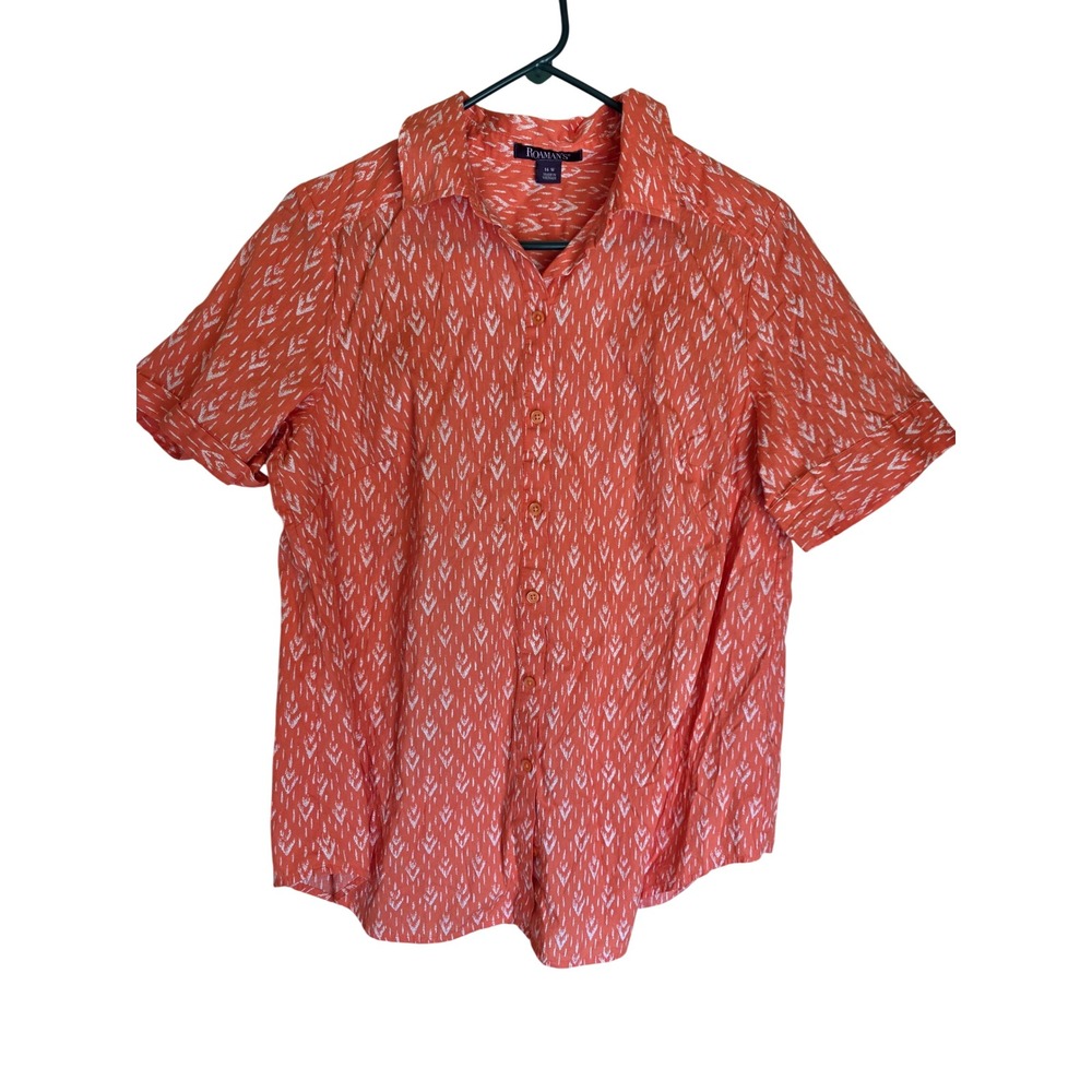 Roaman's Orange White Printed Cotton Button Down Blouse Short Sleeve 16W Plus